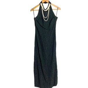 Flintstone Theme Faux Pearl Necklace Embellished Black Knit Halter Maxi Dress